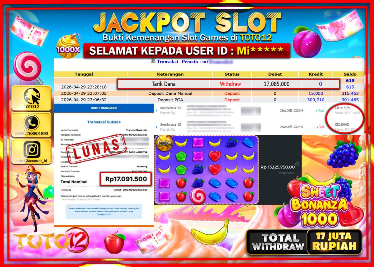 HANYA DI TOTO12 JP PASTI DI BAYAR LUNAS DAN CEPAT!!!!!! JACKPOT SLOT GAME (SWEET BONANZA 1000) Rp.17.085.000!!!!