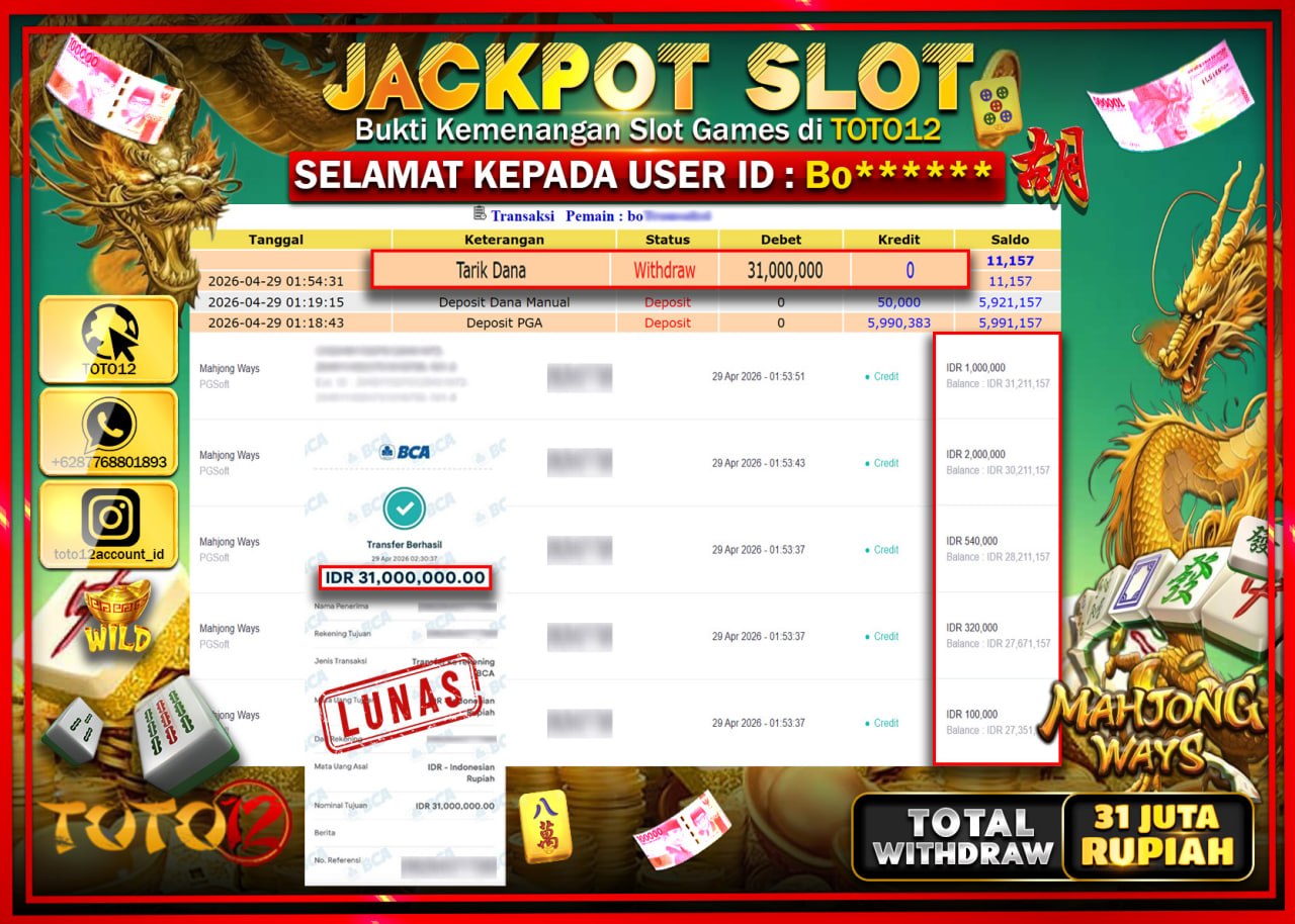 HANYA DI TOTO12 JP PASTI DI BAYAR LUNAS DAN CEPAT!!!!!! JACKPOT SLOT GAME (MAHJONG WAYS) Rp.31.000.000!!!!