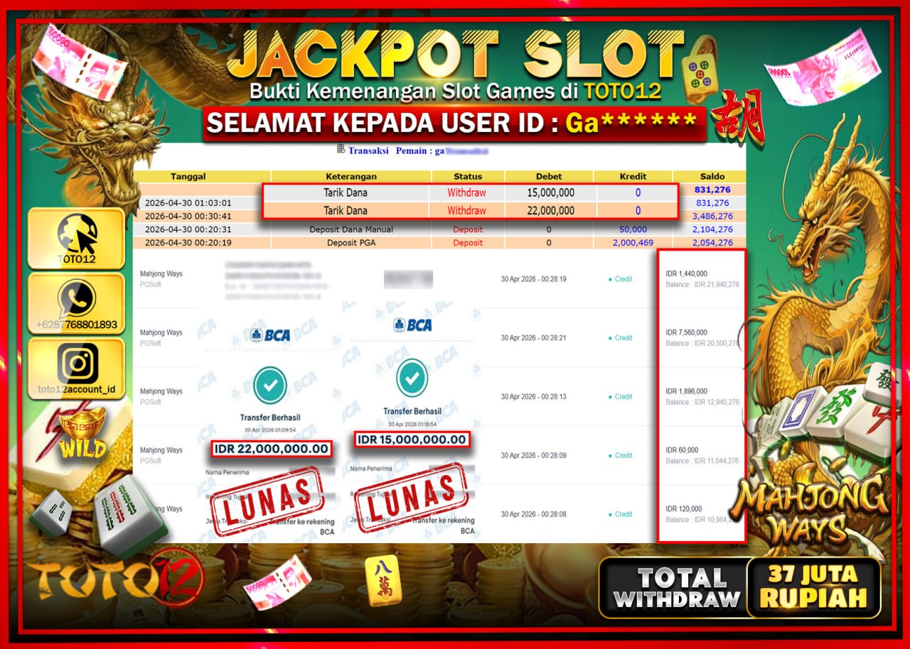 HANYA DI TOTO12 JP PASTI DI BAYAR LUNAS DAN CEPAT!!!!!! JACKPOT SLOT GAME (MAHJONG WAYS) Rp.37.000.000!!!!