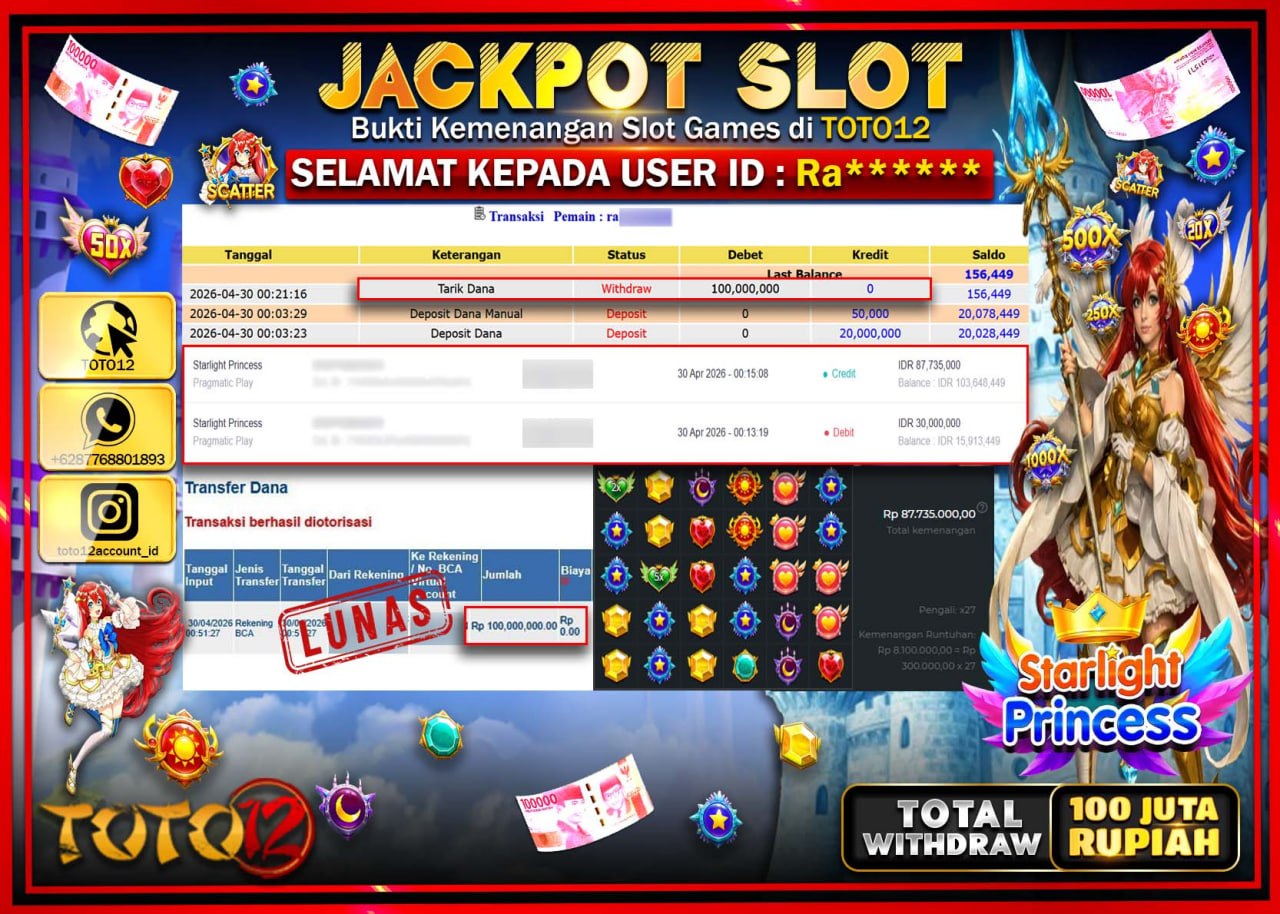 HANYA DI TOTO12 JP PASTI DI BAYAR LUNAS DAN CEPAT!!!!!! JACKPOT SLOT GAME (STARLIGHT PRINCESS) Rp.100.000.000!!!!