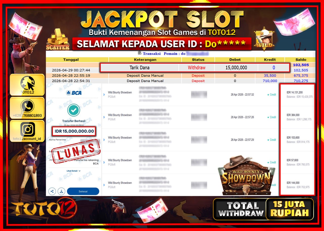 HANYA DI TOTO12 JP PASTI DI BAYAR LUNAS DAN CEPAT!!!!!! JACKPOT SLOT GAME (WILD BOUNTY SHOWDOWN) Rp.15.000.000!!!!