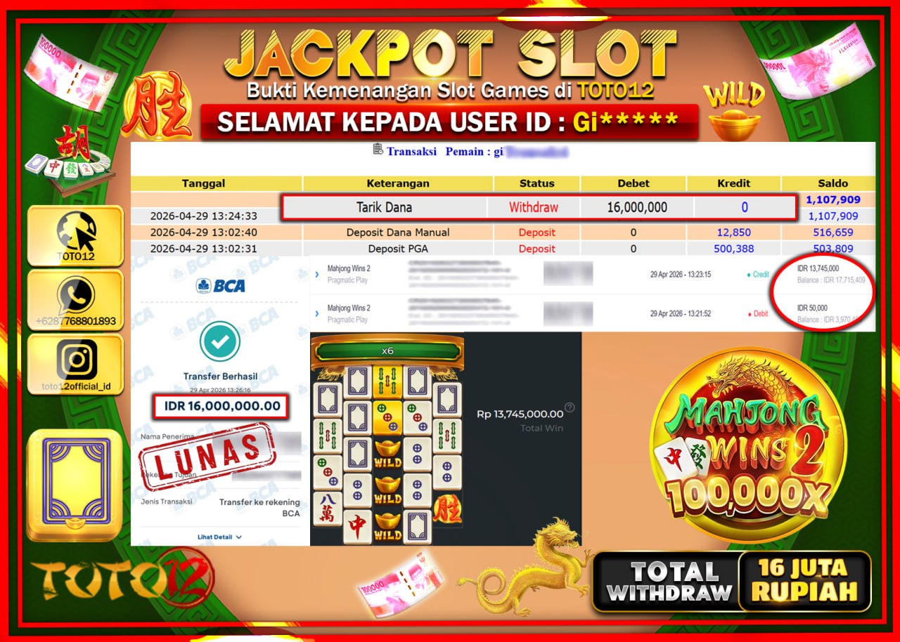 HANYA DI TOTO12 JP PASTI DI BAYAR LUNAS DAN CEPAT!!!!!! JACKPOT SLOT GAME (MAHJONG WINS 2) Rp.16.000.000!!!!