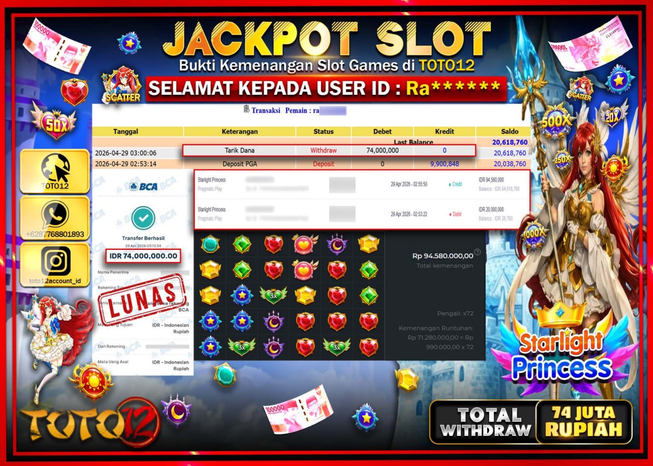 HANYA DI TOTO12 JP PASTI DI BAYAR LUNAS DAN CEPAT!!!!!! JACKPOT SLOT GAME (STARLIGHT PRINCES) Rp.74.000.000!!!!