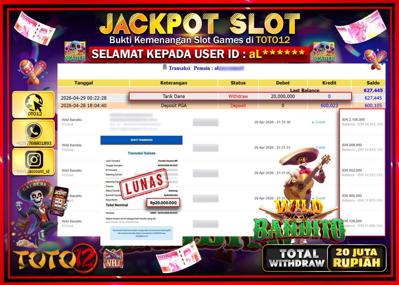 HANYA DI TOTO12 JP PASTI DI BAYAR LUNAS DAN CEPAT!!!!!! JACKPOT SLOT GAME (WILD BANDITO) Rp.20.000.000!!!!