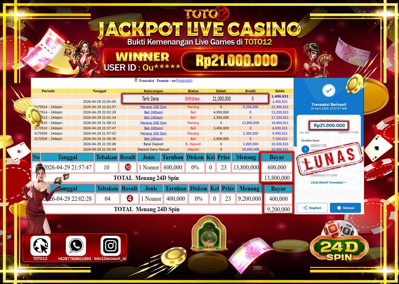 HANYA DI TOTO12 JP PASTI DI BAYAR LUNAS DAN CEPAT!!!!!! JACKPOT  LIVE GAME CASINO (ROULETTE 2) Rp.21.000.000!!!!