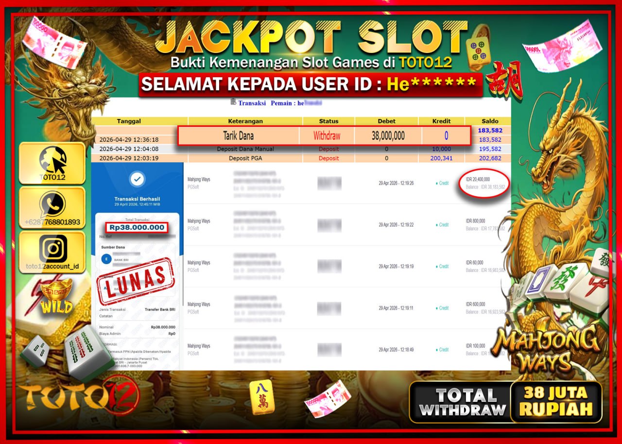 HANYA DI TOTO12 JP PASTI DI BAYAR LUNAS DAN CEPAT!!!!!! JACKPOT SLOT GAME (MAHJONG WAYS) Rp.38.000.000!!!!