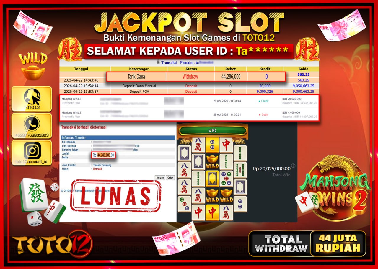 HANYA DI TOTO12 JP PASTI DI BAYAR LUNAS DAN CEPAT!!!!!! JACKPOT SLOT GAME (MAHJONG WINS 2) Rp.44.286.000!!!!