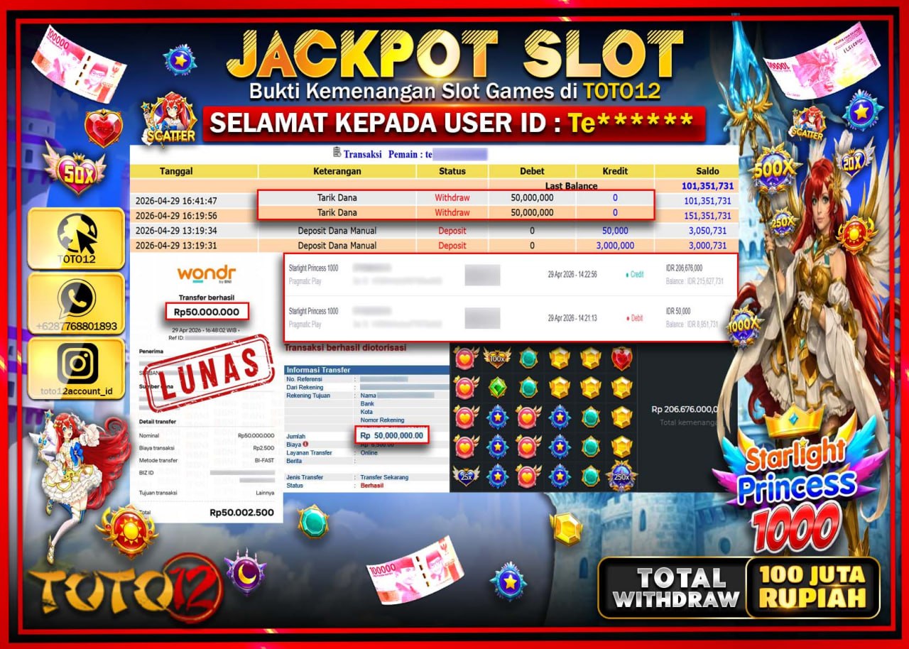 HANYA DI TOTO12 JP PASTI DI BAYAR LUNAS DAN CEPAT!!!!!! JACKPOT SLOT GAME (STARLIGHT PRINCES 1000) Rp.100.000.000!!!!