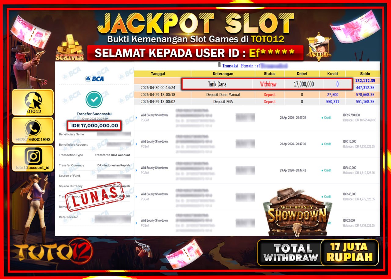 HANYA DI TOTO12 JP PASTI DI BAYAR LUNAS DAN CEPAT!!!!!! JACKPOT SLOT GAME (WILD BOUNTY SHOWDOWN) Rp.17.000.000!!!!