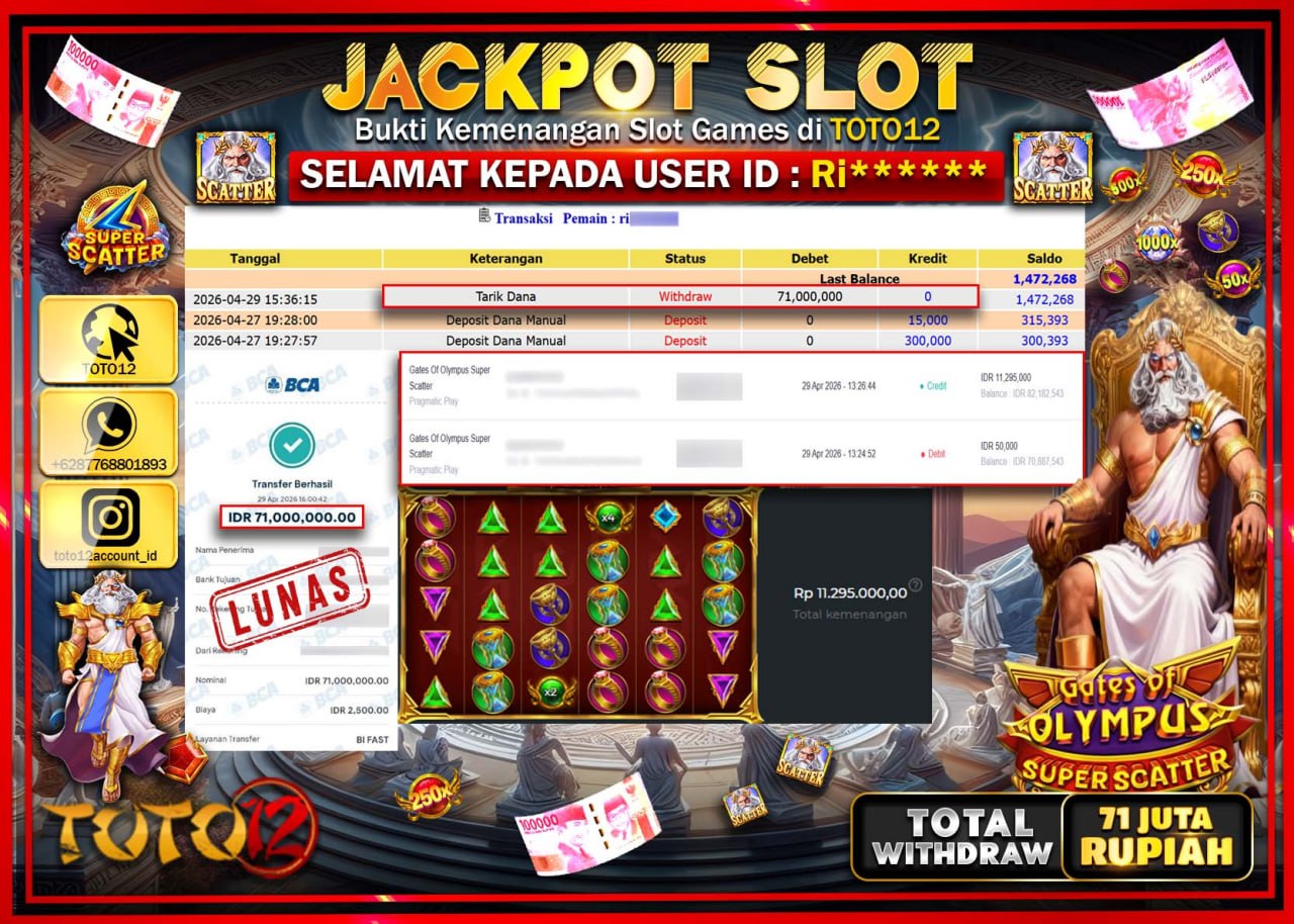 HANYA DI TOTO12 JP PASTI DI BAYAR LUNAS DAN CEPAT!!!!!! JACKPOT SLOT GAME (GATES OF OLYMPUS SUPER SCATTER) Rp.71.000.000!!!!