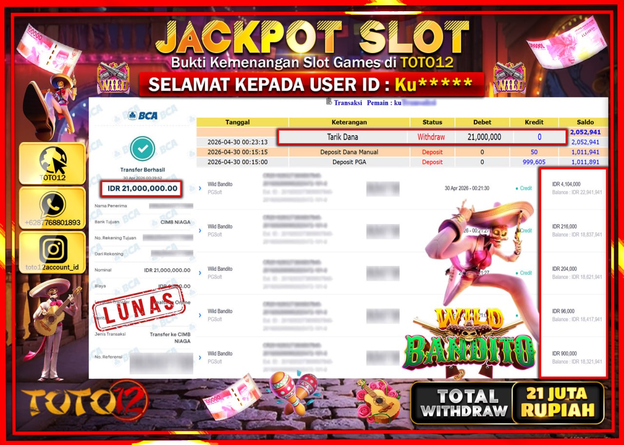 HANYA DI TOTO12 JP PASTI DI BAYAR LUNAS DAN CEPAT!!!!!! JACKPOT SLOT GAME (WILD BANDITO) Rp.21.000.000!!!!
