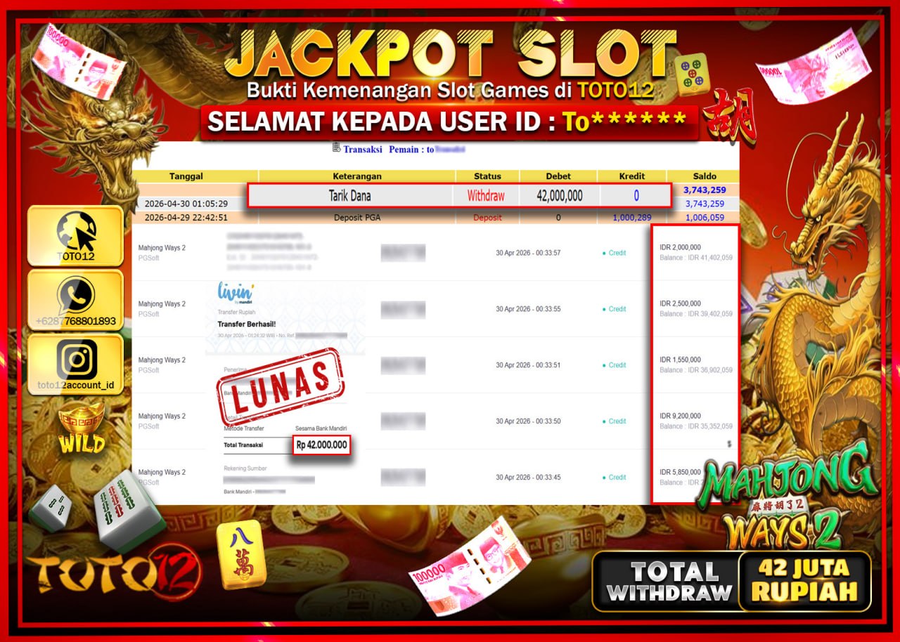 HANYA DI TOTO12 JP PASTI DI BAYAR LUNAS DAN CEPAT!!!!!! JACKPOT SLOT GAME (MAHJONG WAYS 2) Rp.42.000.000!!!!