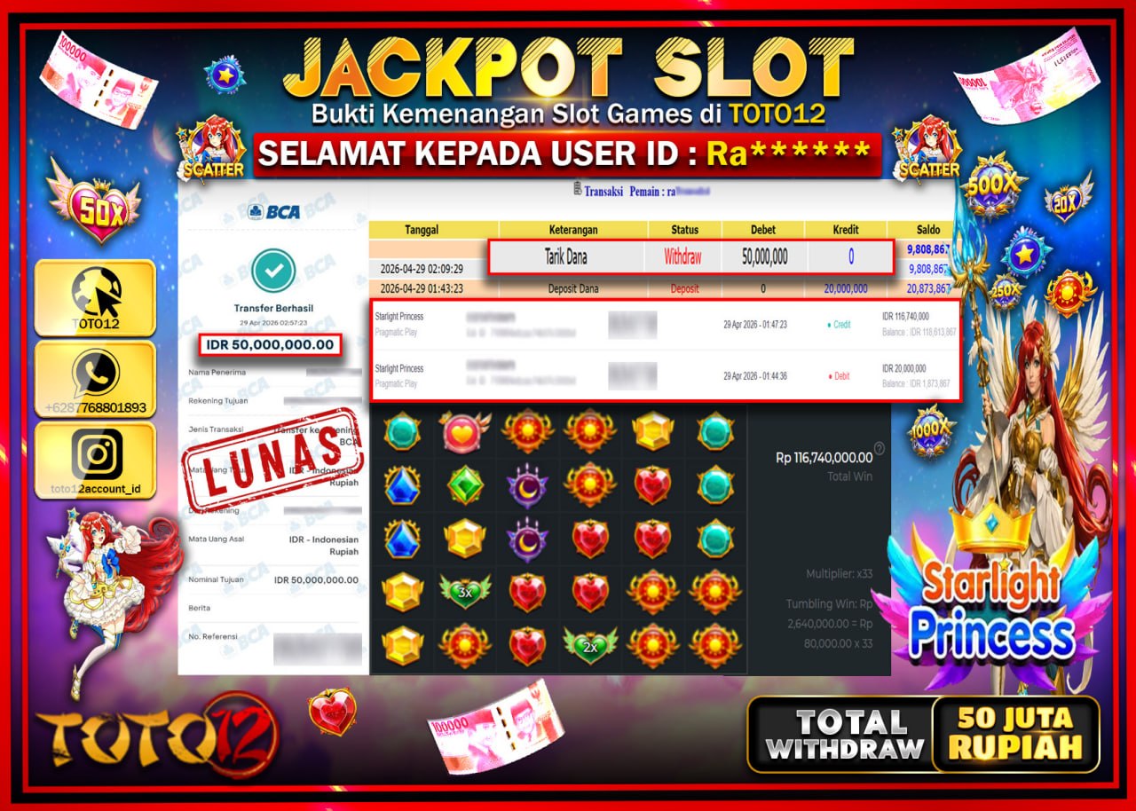HANYA DI TOTO12 JP PASTI DI BAYAR LUNAS DAN CEPAT!!!!!! JACKPOT SLOT GAME (STARLIGHT PRINCES) Rp.50.000.000!!!!