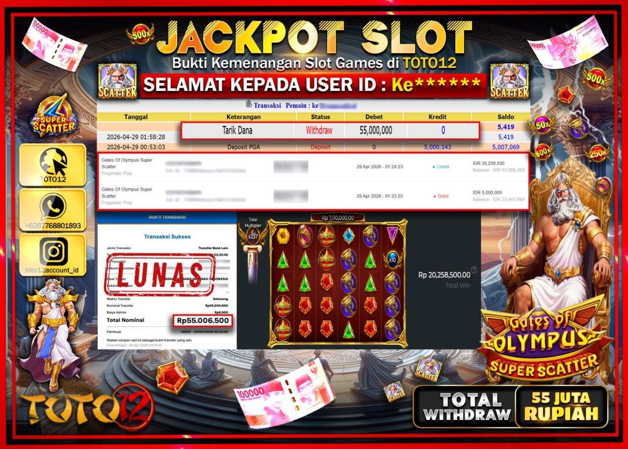 HANYA DI TOTO12 JP PASTI DI BAYAR LUNAS DAN CEPAT!!!!!! JACKPOT SLOT GAME (GATES OF OLYMPUS SUPER SCATTER) Rp.55.000.000!!!!