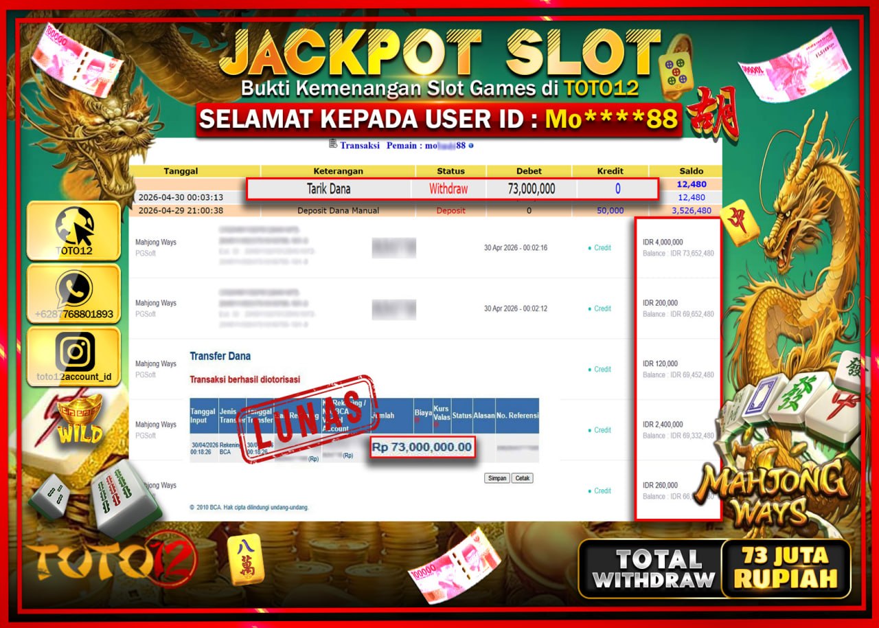 HANYA DI TOTO12 JP PASTI DI BAYAR LUNAS DAN CEPAT!!!!!! JACKPOT SLOT GAME (MAHJONG WAYS) Rp.73.000.000!!!!