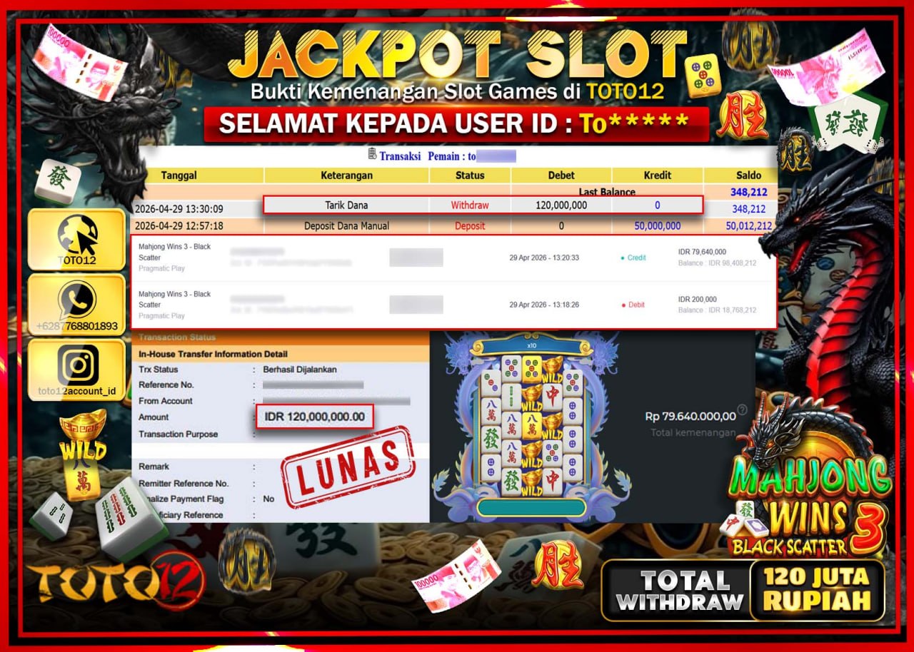 HANYA DI TOTO12 JP PASTI DI BAYAR LUNAS DAN CEPAT!!!!!! JACKPOT SLOT GAME (MAHJONG WINS 3 BLACK SCATTER) Rp.120.000.000!!!!
