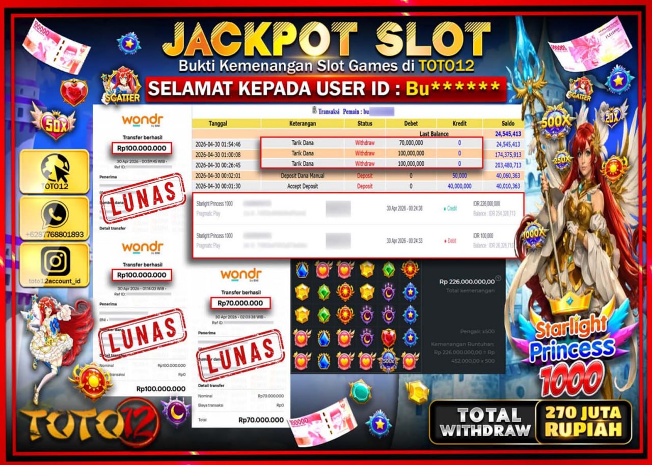 HANYA DI TOTO12 JP PASTI DI BAYAR LUNAS DAN CEPAT!!!!!! JACKPOT SLOT GAME (STARLIGHT PRINCESS 1000) Rp.270.000.000!!!!