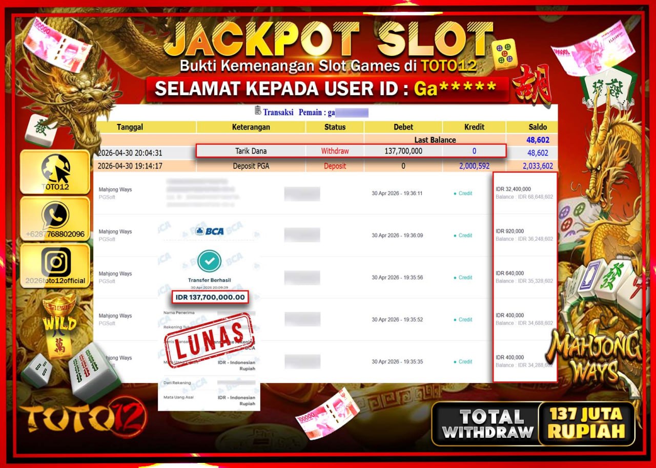 HANYA DI TOTO12 JP PASTI DI BAYAR LUNAS DAN CEPAT!!!!!! JACKPOT SLOT GAME (MAHJONG WAYS) Rp.137.700.000!!!!