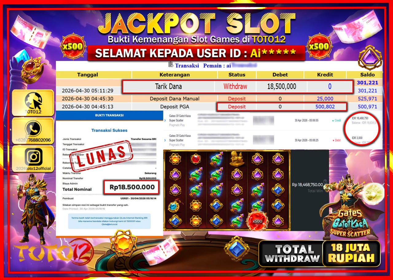 HANYA DI TOTO12 JP PASTI DI BAYAR LUNAS DAN CEPAT!!!!!! JACKPOT SLOT GAME (GATES OF GATOTKACA SUPER SCATTER) Rp.18.500.000!!!!