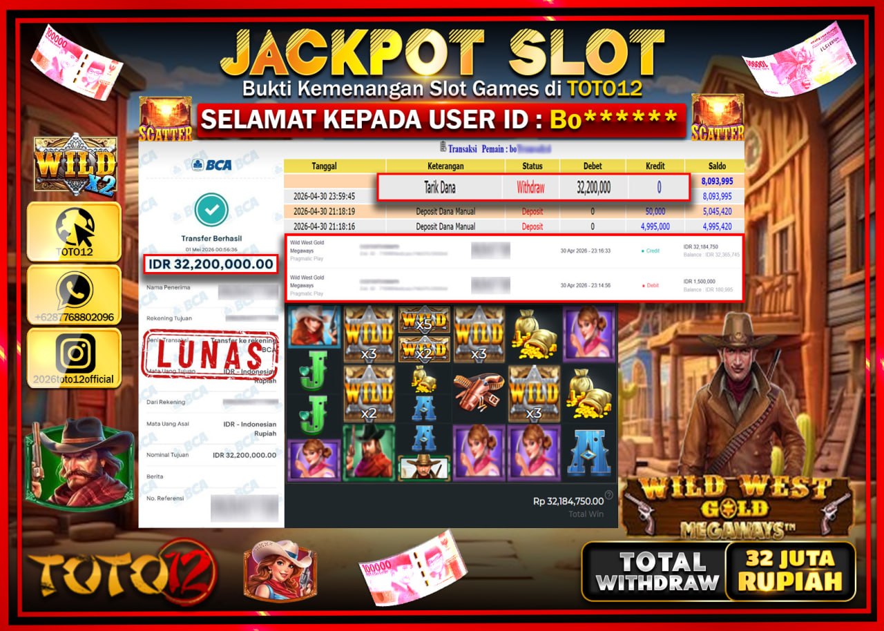 HANYA DI TOTO12 JP PASTI DI BAYAR LUNAS DAN CEPAT!!!!!! JACKPOT SLOT GAME (WILD WEST GOLD MEGA WAYS) Rp.32.200.000!!!!