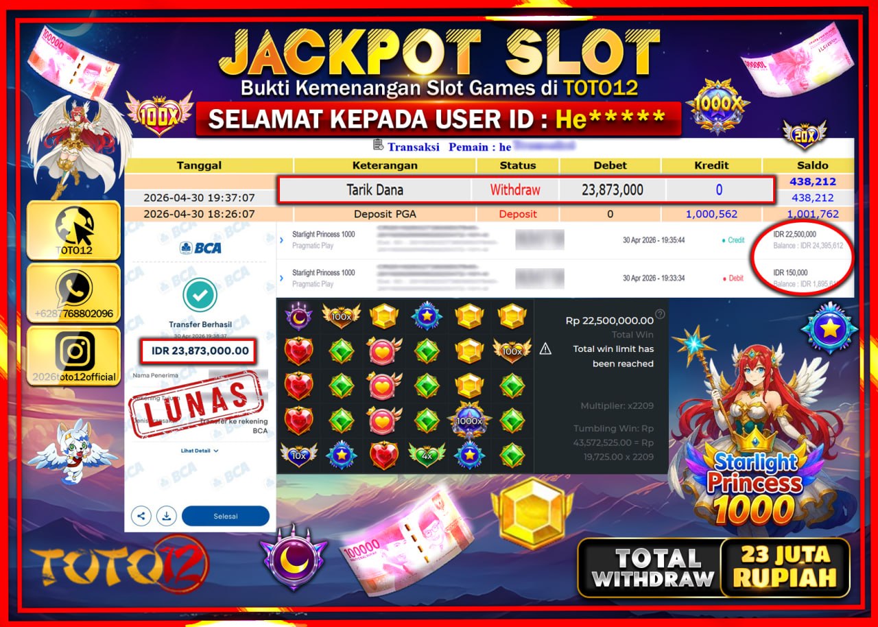 HANYA DI TOTO12 JP PASTI DI BAYAR LUNAS DAN CEPAT!!!!!! JACKPOT SLOT GAME (STARLIGHT PRINCESS 1000) Rp.23.873.000!!!!