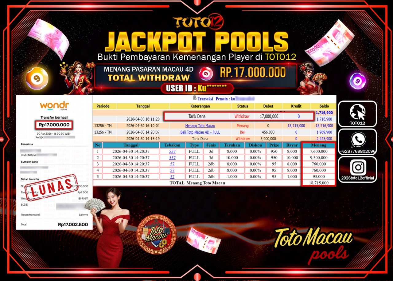 HANYA DI TOTO12 JP PASTI DI BAYAR LUNAS DAN CEPAT!!!!!! JACKPOT POOLS PASARAN (MACAU 4D) Rp.17.000.000!!!!