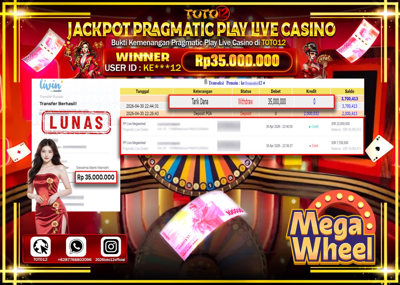 HANYA DI TOTO12 JP PASTI DI BAYAR LUNAS DAN CEPAT!!!!!! JACKPOT PRAGMATIC PLAY LIVE GAME CASINO (PP LIVE MEGAWHEEL) Rp.35.000.000!!!!