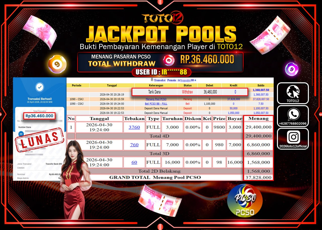HANYA DI TOTO12 JP PASTI DI BAYAR LUNAS DAN CEPAT!!!!!! JACKPOT POOLS PASARAN(PSCO) Rp.36.460.000!!!!