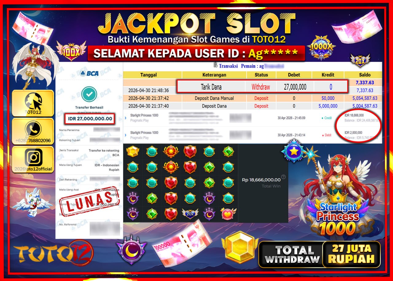 HANYA DI TOTO12 JP PASTI DI BAYAR LUNAS DAN CEPAT!!!!!! JACKPOT SLOT GAME (STARLIGHT PRINCES 1000) Rp.27.000.000!!!!
