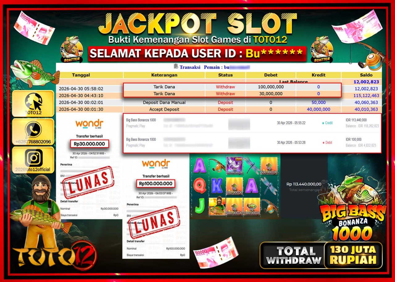HANYA DI TOTO12 JP PASTI DI BAYAR LUNAS DAN CEPAT!!!!!! JACKPOT SLOT GAME (BIG BASS BONANZA 1000) Rp.130.000.000!!!!