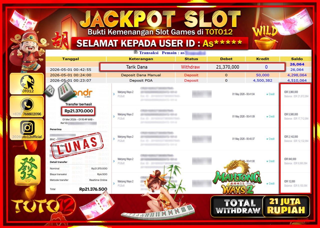 HANYA DI TOTO12 JP PASTI DI BAYAR LUNAS DAN CEPAT!!!!!! JACKPOT SLOT GAME (MAHJONG WAYS 2) Rp.21.370.000!!!!