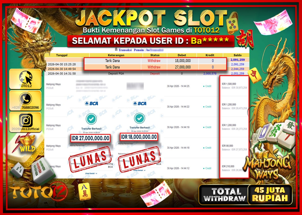 HANYA DI TOTO12 JP PASTI DI BAYAR LUNAS DAN CEPAT!!!!!! JACKPOT SLOT GAME (MAHJONG WAYS) Rp.45.000.000!!!!