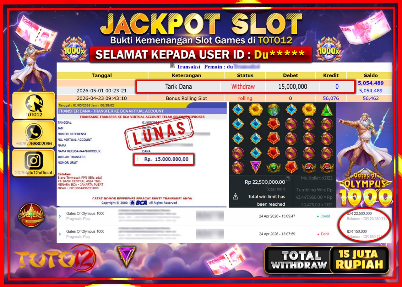 HANYA DI TOTO12 JP PASTI DI BAYAR LUNAS DAN CEPAT!!!!!! JACKPOT SLOT GAME (GATES OF OLYMPUS 1000) Rp.15.000.000!!!!