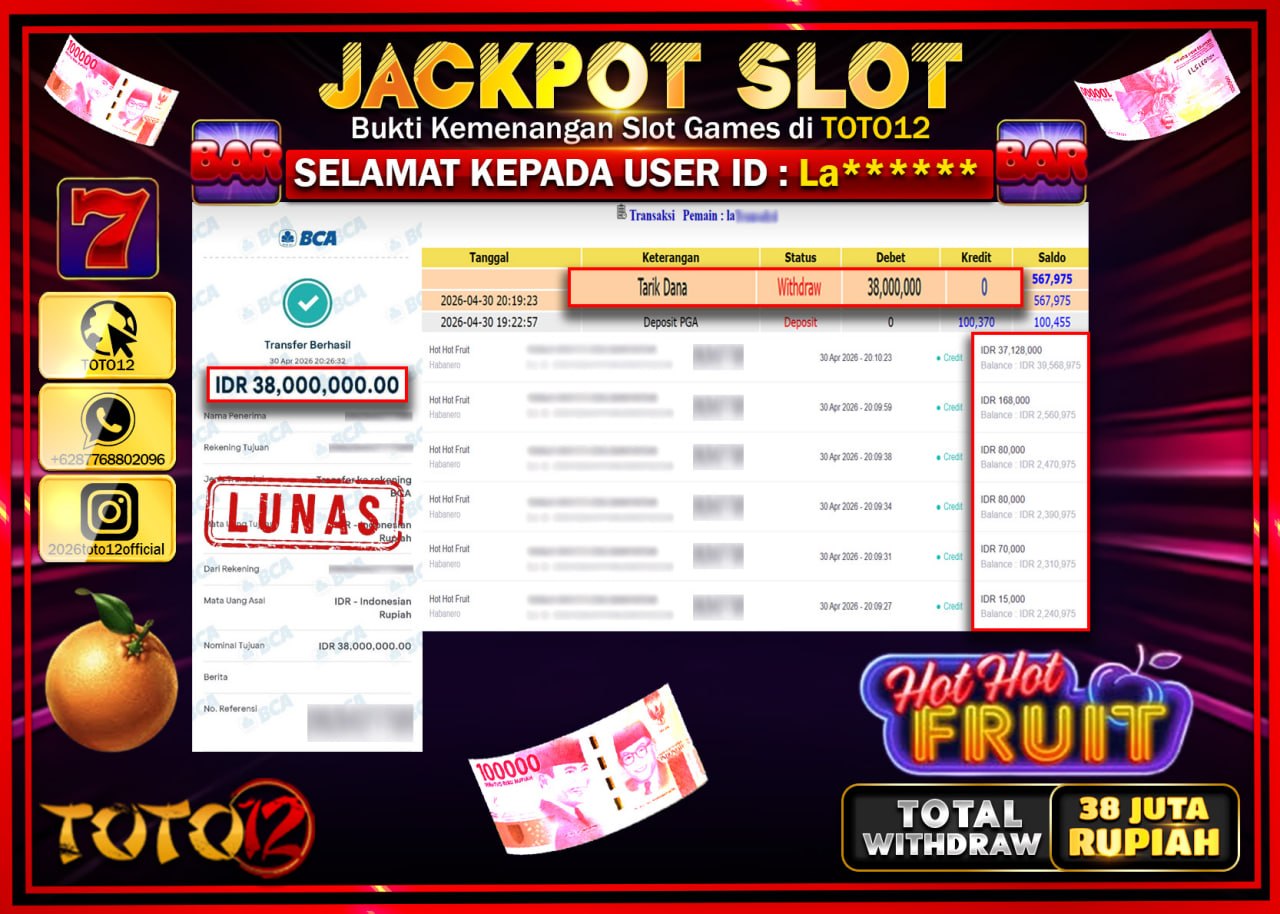 HANYA DI TOTO12 JP PASTI DI BAYAR LUNAS DAN CEPAT!!!!!! JACKPOT SLOT GAME (HOT HOT FRUIT) Rp.38.000.000!!!!