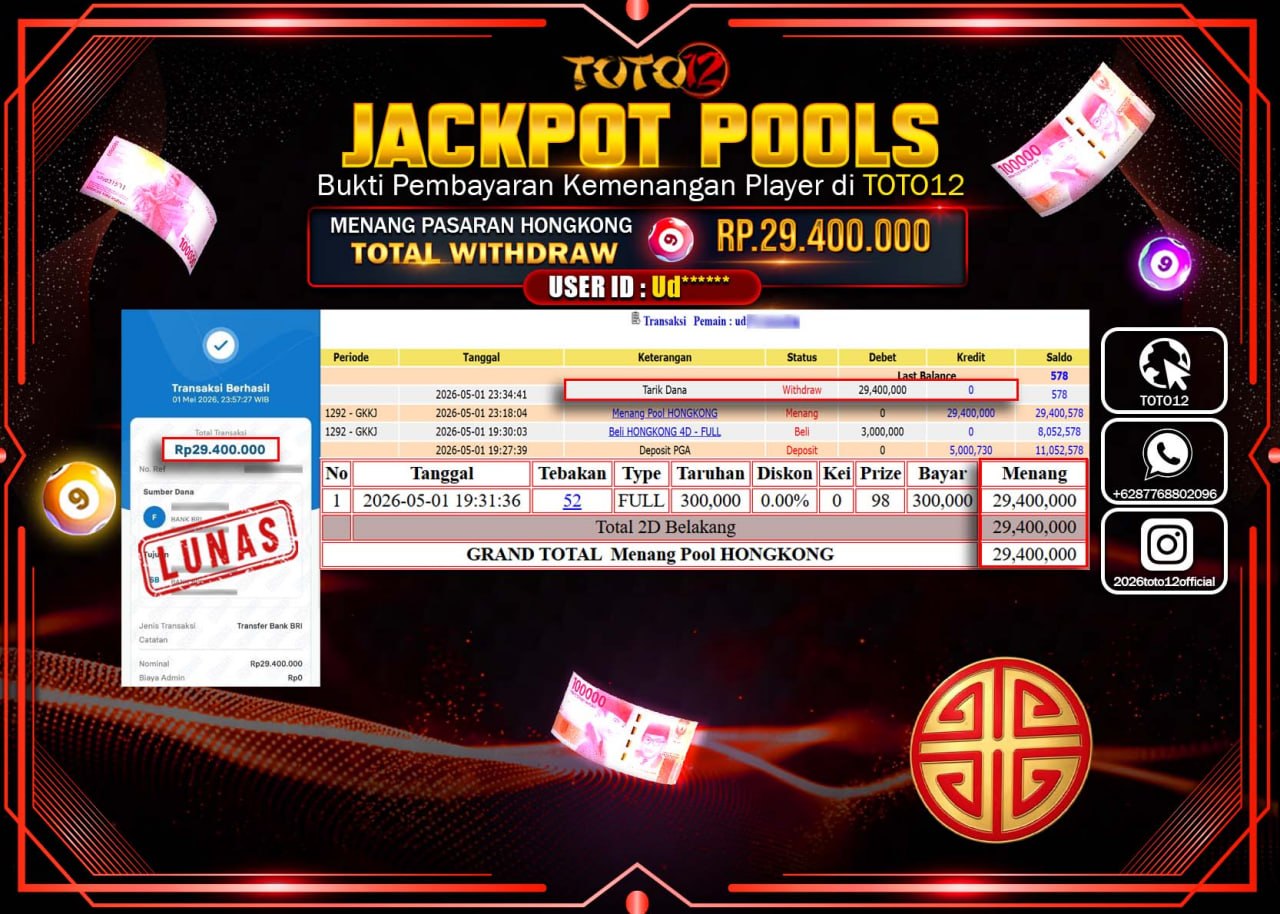 HANYA DI TOTO12 JP PASTI DI BAYAR LUNAS DAN CEPAT!!!!!! JACKPOT POOLS PASARAN(HONGKONG) Rp.29.400.000!!!!