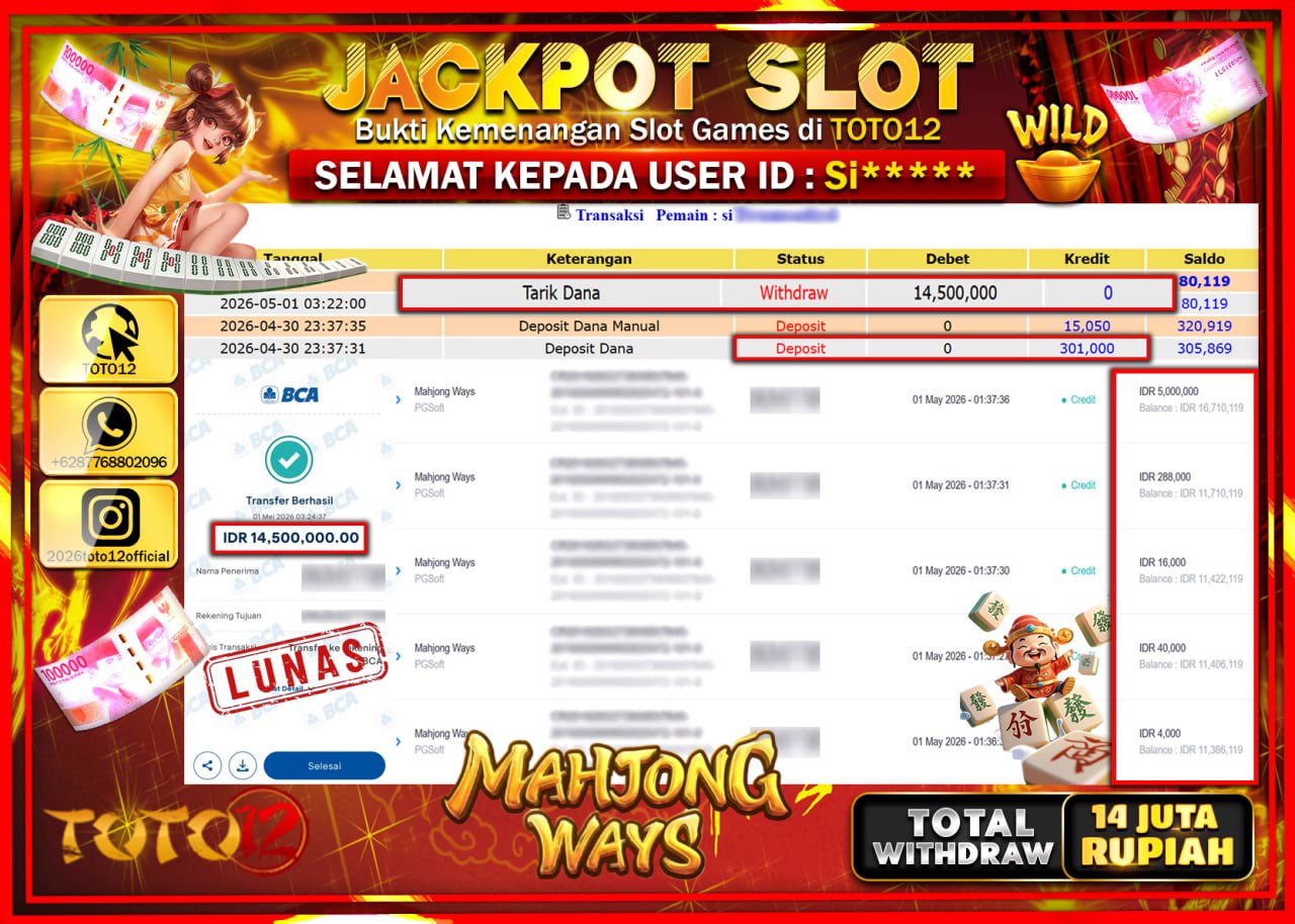 HANYA DI TOTO12 JP PASTI DI BAYAR LUNAS DAN CEPAT!!!!!! JACKPOT SLOT GAME (MAHJONG WAYS) Rp.14.500.000!!!!