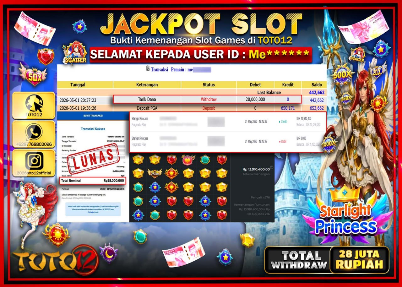 HANYA DI TOTO12 JP PASTI DI BAYAR LUNAS DAN CEPAT!!!!!! JACKPOT SLOT GAME (STARLIGHT PRINCESS) Rp.28.000.000!!!!