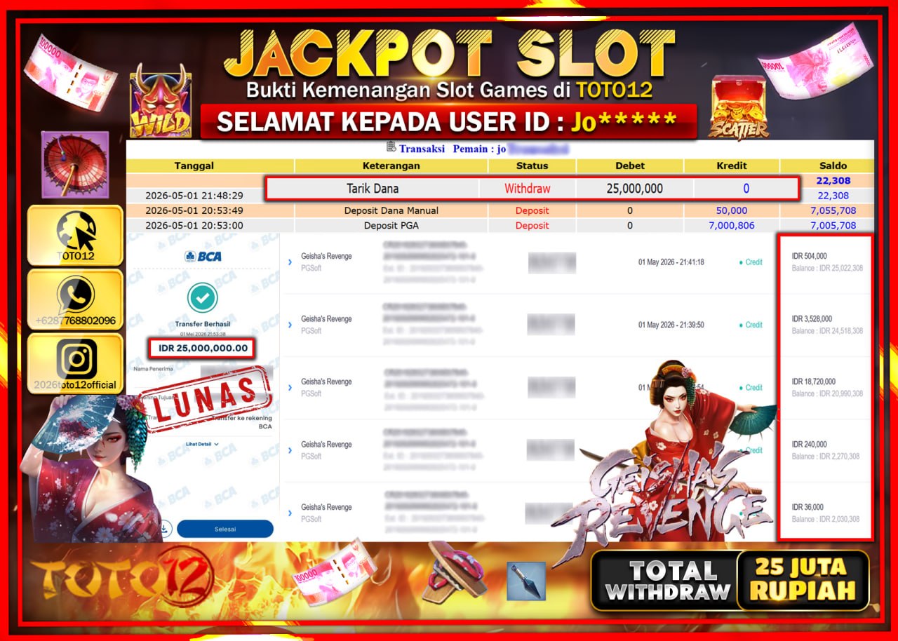 HANYA DI TOTO12 JP PASTI DI BAYAR LUNAS DAN CEPAT!!!!!! JACKPOT SLOT GAME (GEISHAS REVENGE) Rp.25.000.000!!!!