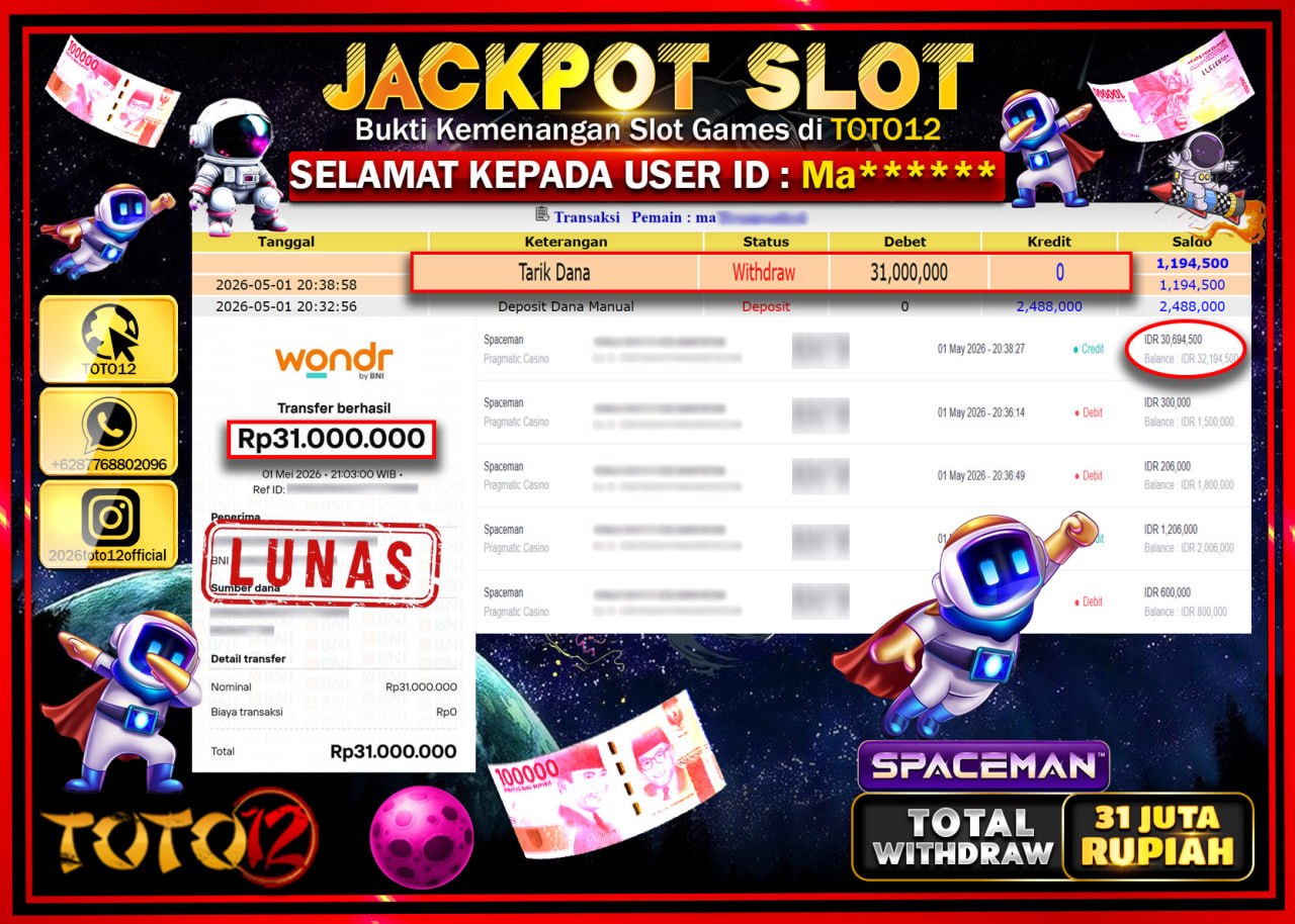 HANYA DI TOTO12 JP PASTI DI BAYAR LUNAS DAN CEPAT!!!!!! JACKPOT SLOT GAME (SPACEMAN) Rp.31.000.000!!!!