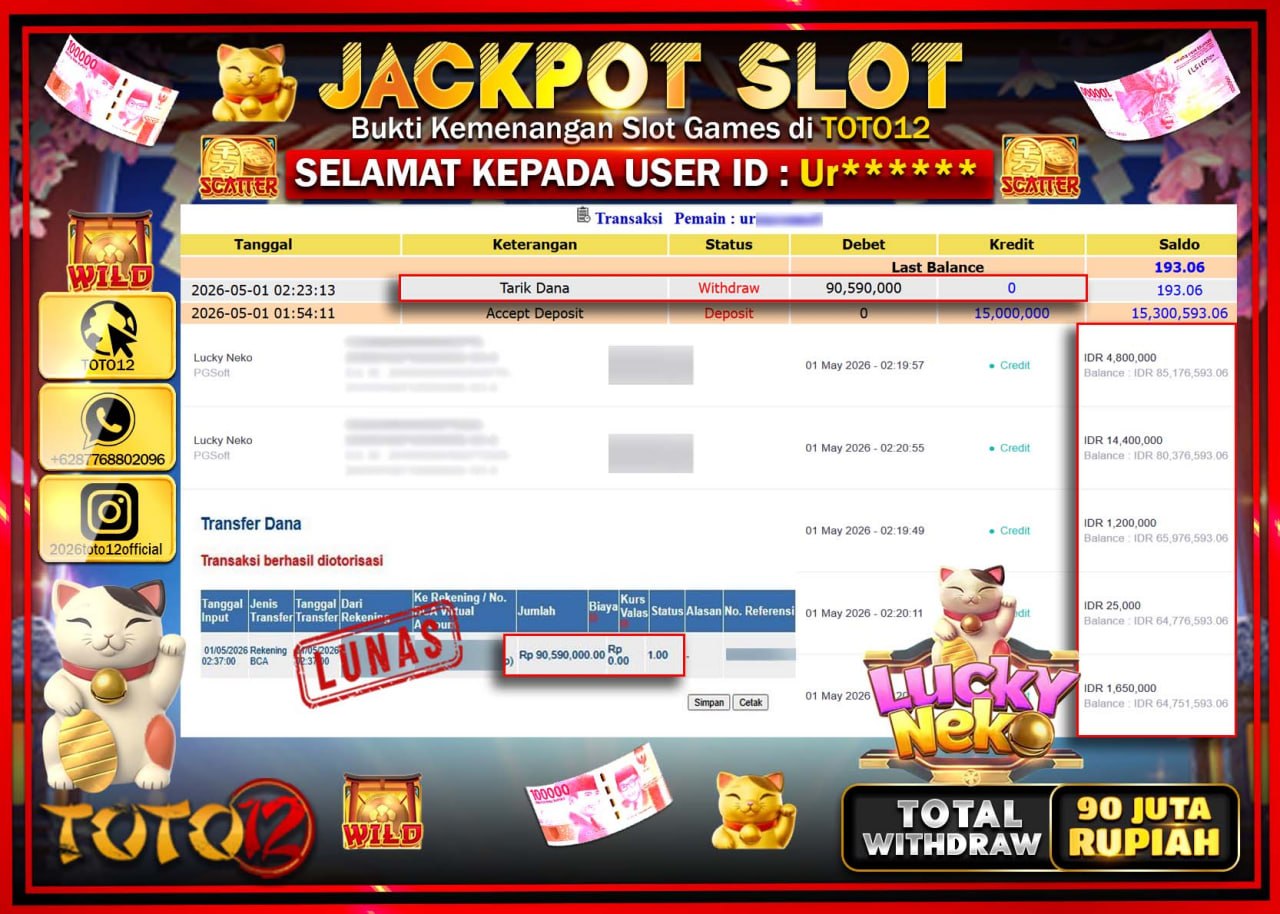 HANYA DI TOTO12 JP PASTI DI BAYAR LUNAS DAN CEPAT!!!!!! JACKPOT SLOT GAME (LUCKY NEKO) Rp.90.590.000!!!!