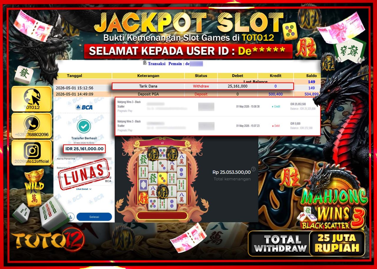 HANYA DI TOTO12 JP PASTI DI BAYAR LUNAS DAN CEPAT!!!!!! JACKPOT SLOT GAME (MAHJONG WINS 3 BLACK SCATTER) Rp.25.161.000!!!!