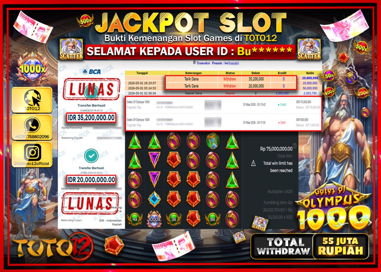 HANYA DI TOTO12 JP PASTI DI BAYAR LUNAS DAN CEPAT!!!!!! JACKPOT SLOT GAME (GATES OF OLYMPUS 1000) Rp.55.200.000!!!!