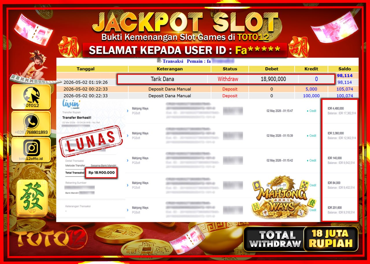 HANYA DI TOTO12 JP PASTI DI BAYAR LUNAS DAN CEPAT!!!!!! JACKPOT SLOT GAME (MAHJONG WAYS) Rp.18.900.000!!!!