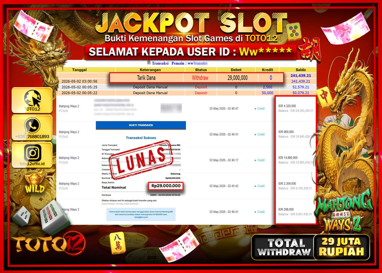 HANYA DI TOTO12 JP PASTI DI BAYAR LUNAS DAN CEPAT!!!!!! JACKPOT SLOT GAME (MAHJONG WAYS 2) Rp.29.000.000!!!!