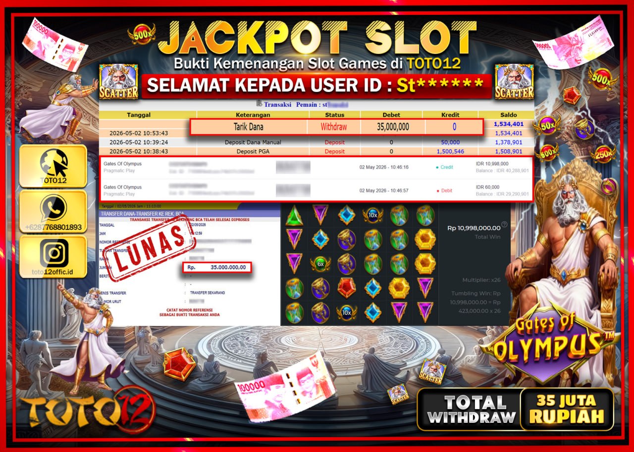 HANYA DI TOTO12 JP PASTI DI BAYAR LUNAS DAN CEPAT!!!!!! JACKPOT SLOT GAME (GATES OF OLYMPUS) Rp.35.000.000!!!!