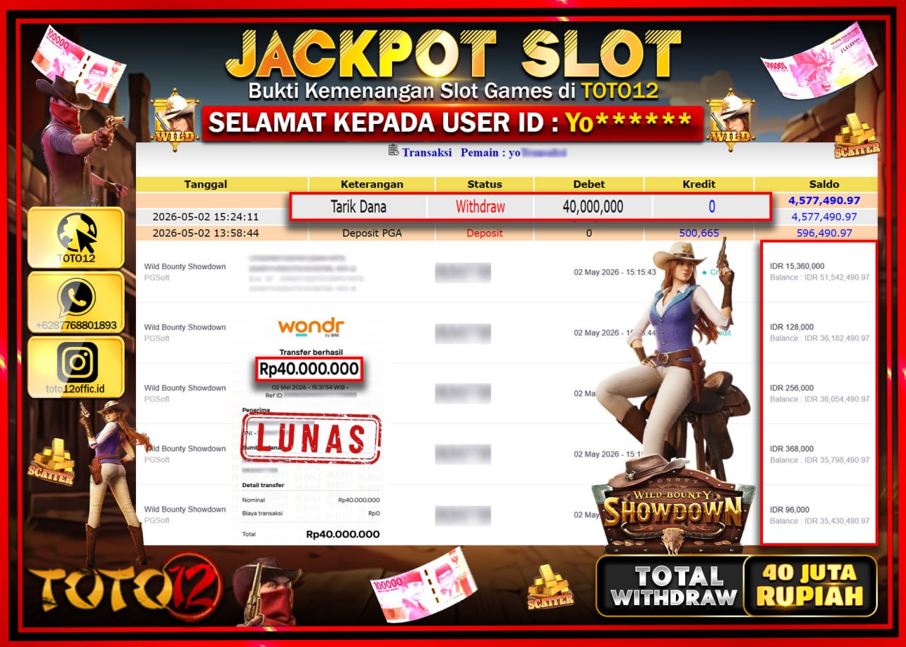 HANYA DI TOTO12 JP PASTI DI BAYAR LUNAS DAN CEPAT!!!!!! JACKPOT SLOT GAME (WILD BOUNTY SHOWDOWN) Rp.40.000.000!!!!