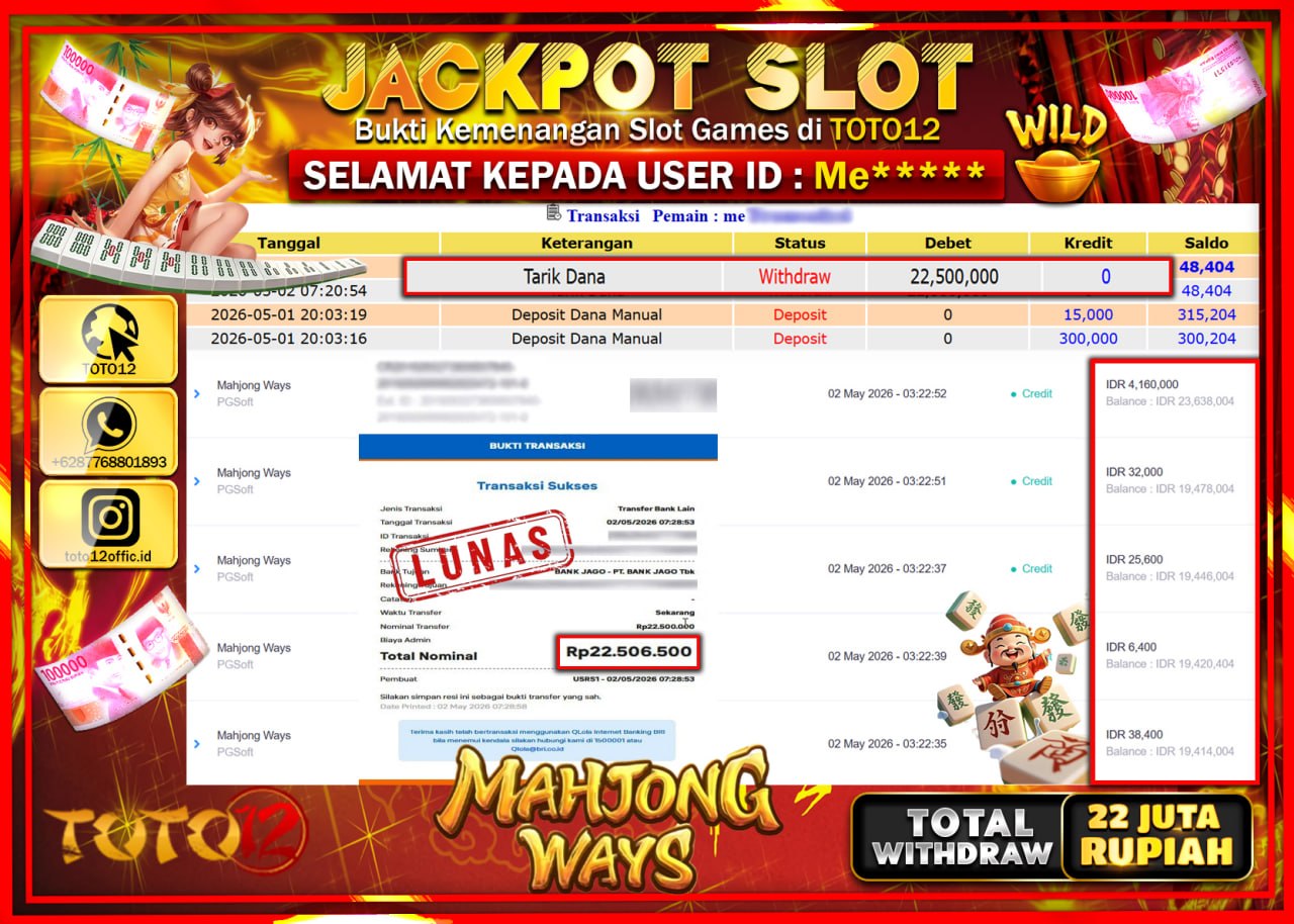 HANYA DI TOTO12 JP PASTI DI BAYAR LUNAS DAN CEPAT!!!!!! JACKPOT SLOT GAME (MAHJONG WAYS) Rp.22.500.000!!!!