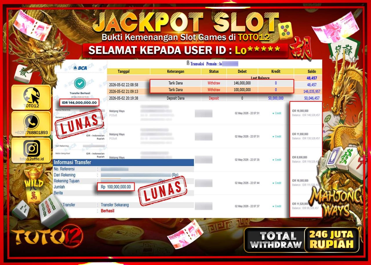 HANYA DI TOTO12 JP PASTI DI BAYAR LUNAS DAN CEPAT!!!!!! JACKPOT SLOT GAME (MAHJONG WAYS) Rp.246.000.000!!!!