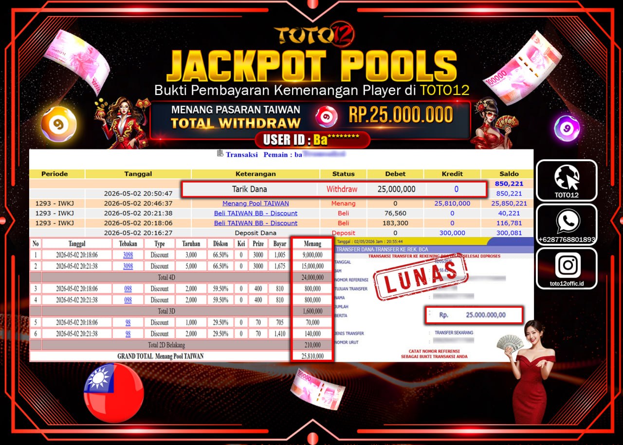 HANYA DI TOTO12 JP PASTI DI BAYAR LUNAS DAN CEPAT!!!!!! JACKPOT POOLS PASARAN(TAIWAN) Rp.25.000.000!!!!