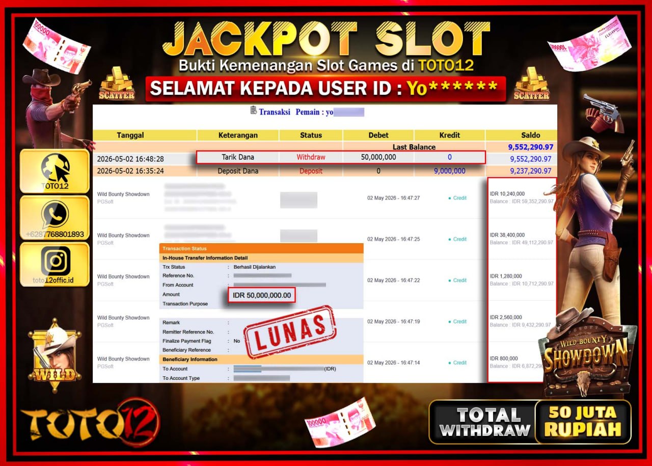 HANYA DI TOTO12 JP PASTI DI BAYAR LUNAS DAN CEPAT!!!!!! JACKPOT SLOT GAME (WILD BOUNTY WHOWDOWN) Rp.50.000.000!!!!